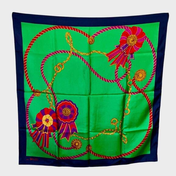 Celine Paris 100% Silk Scarf Loop & Rosette Pattern Green - Picture 1 of 16